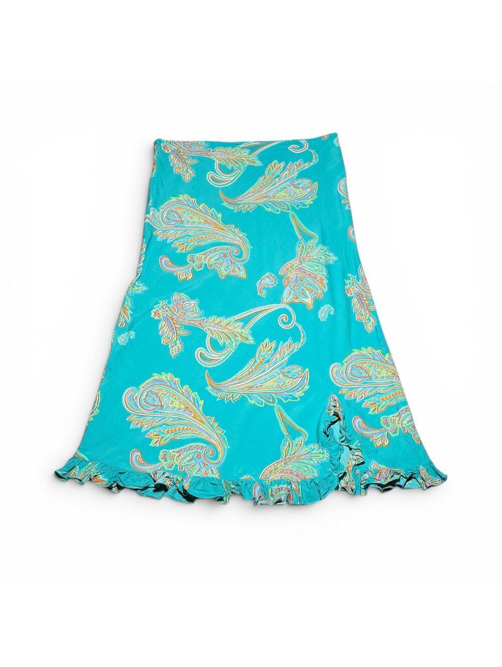Vintage Y2K Surya Turquoise Rayon Paisley Ruffle Hem Long Skirt Size M